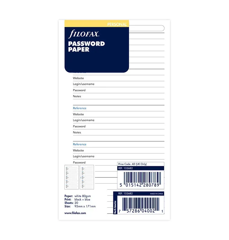 Filofax Personal recharge papier mots de passe
