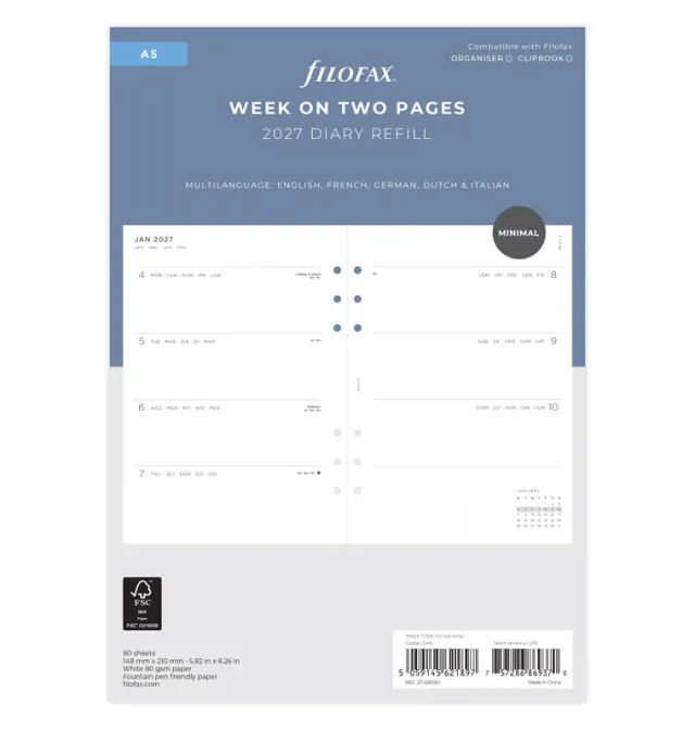 Filofax Minimal agenda semainier A5 2027 multilingue