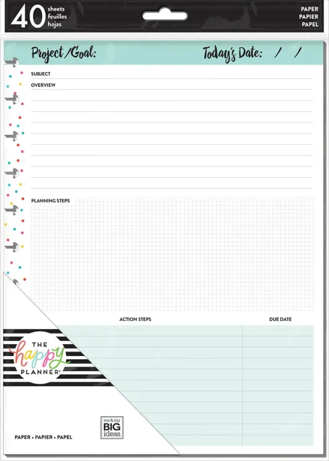 Happy Planner Project papier recharge Big 40 feuilles projets