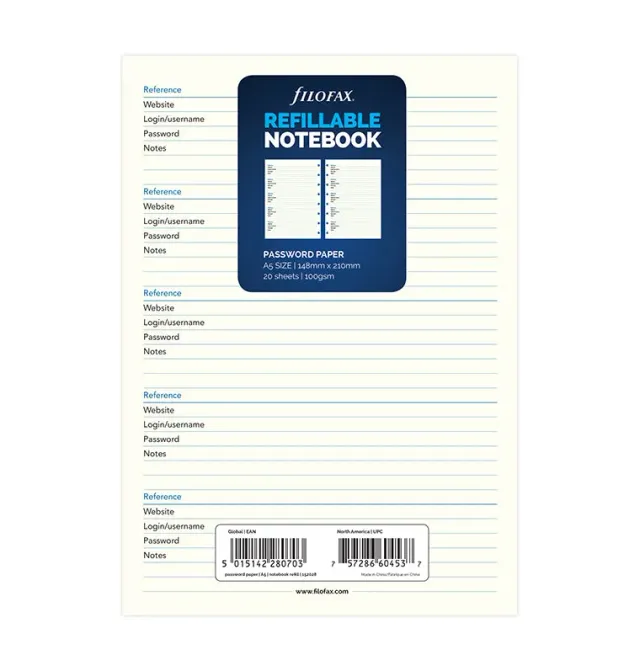 Filofax Classic A5 recharge mots de passe carnet
