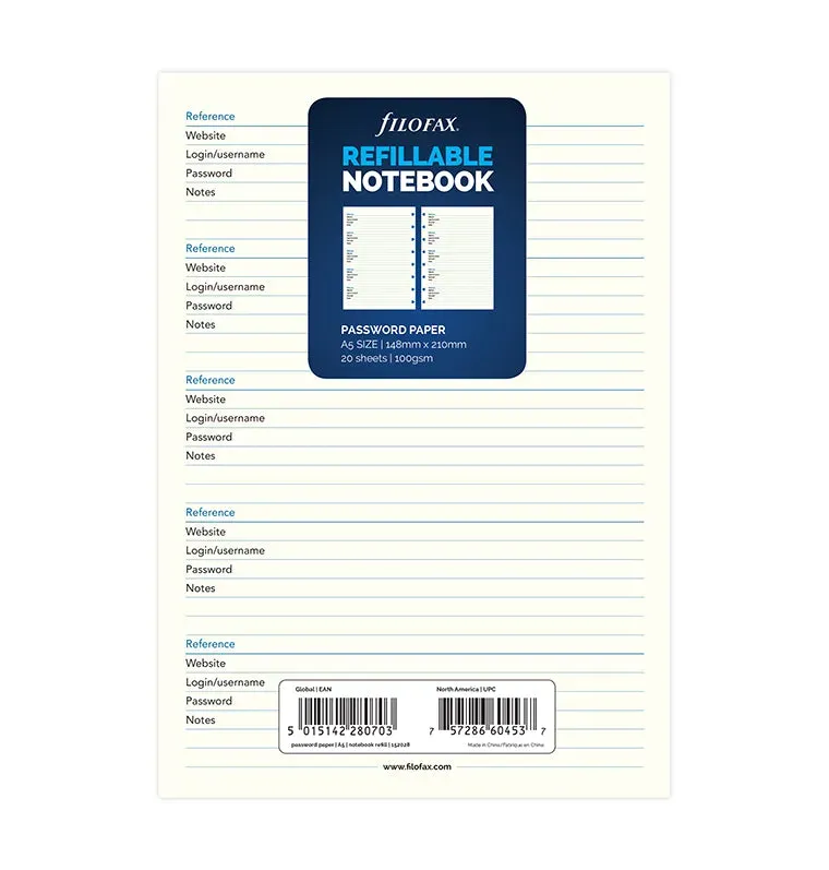 Filofax Classic A5 recharge mots de passe carnet