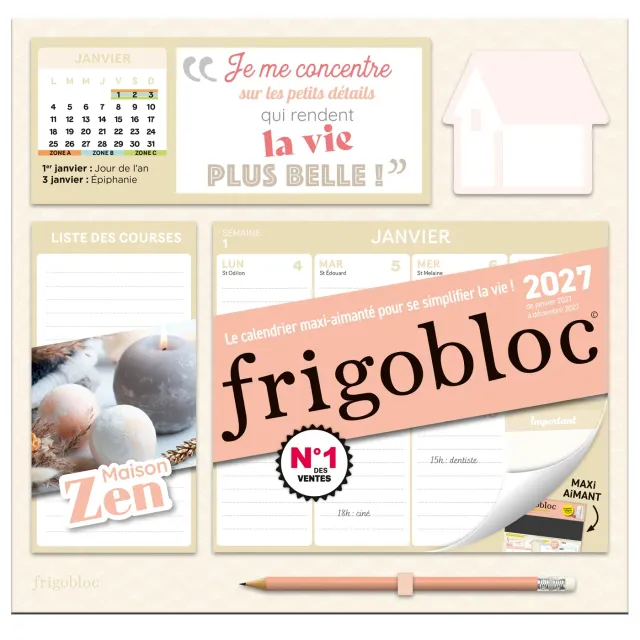 Frigobloc Hebdomadaire Maison Zen 2027 calendrier familial aimanté