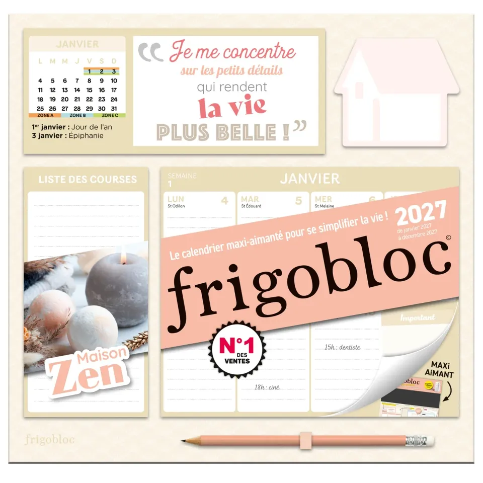 Frigobloc Hebdomadaire Maison Zen 2027 calendrier familial aimanté