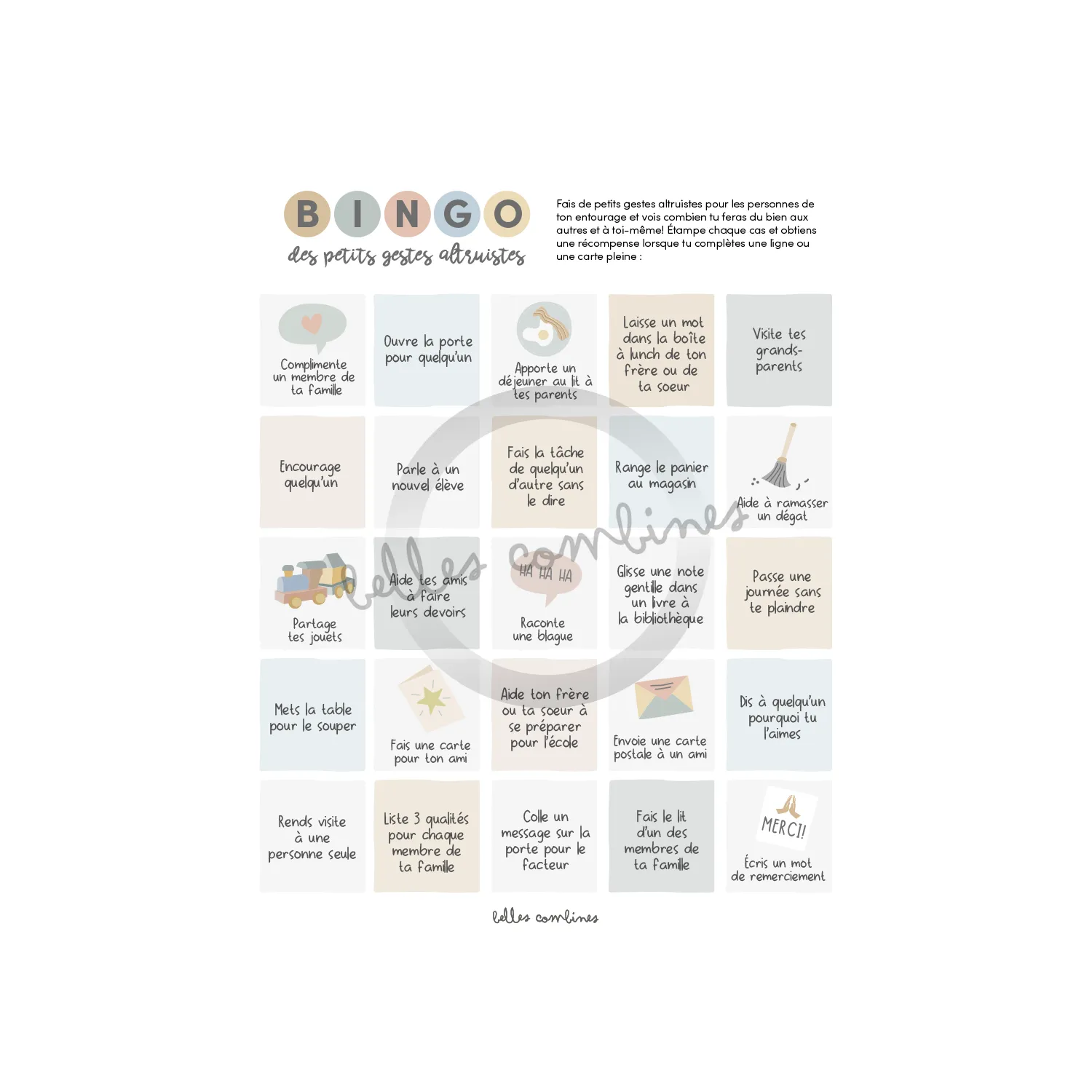 Les Belles Combines Bingo des petits gestes altruistes à imprimer