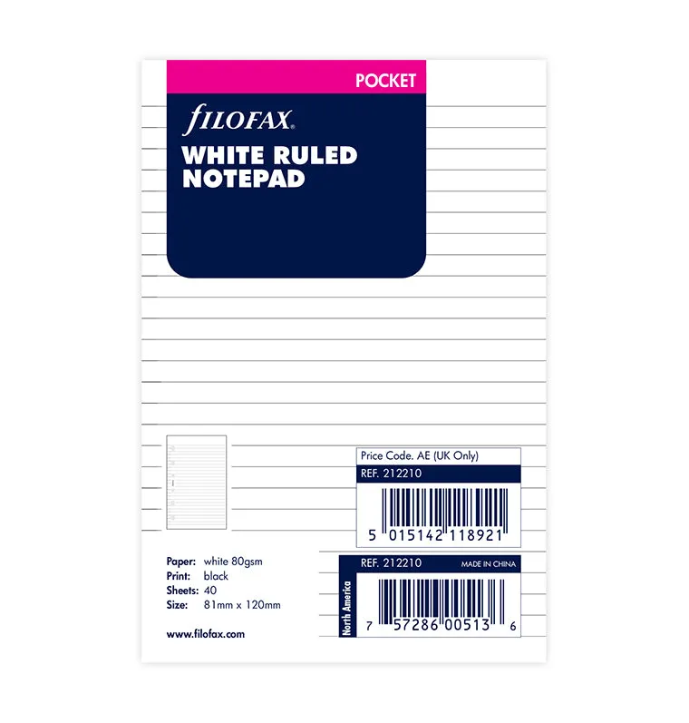 Filofax bloc-notes ligné blanc Pocket 40 feuilles