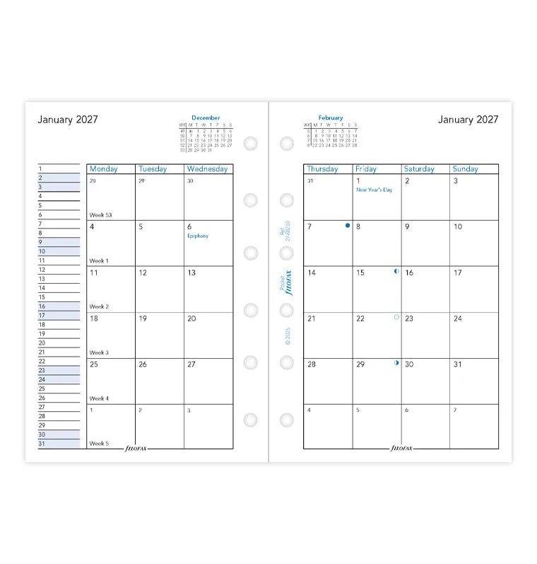 Filofax recharge agenda Pocket 2027 1 mois sur 2 pages anglais