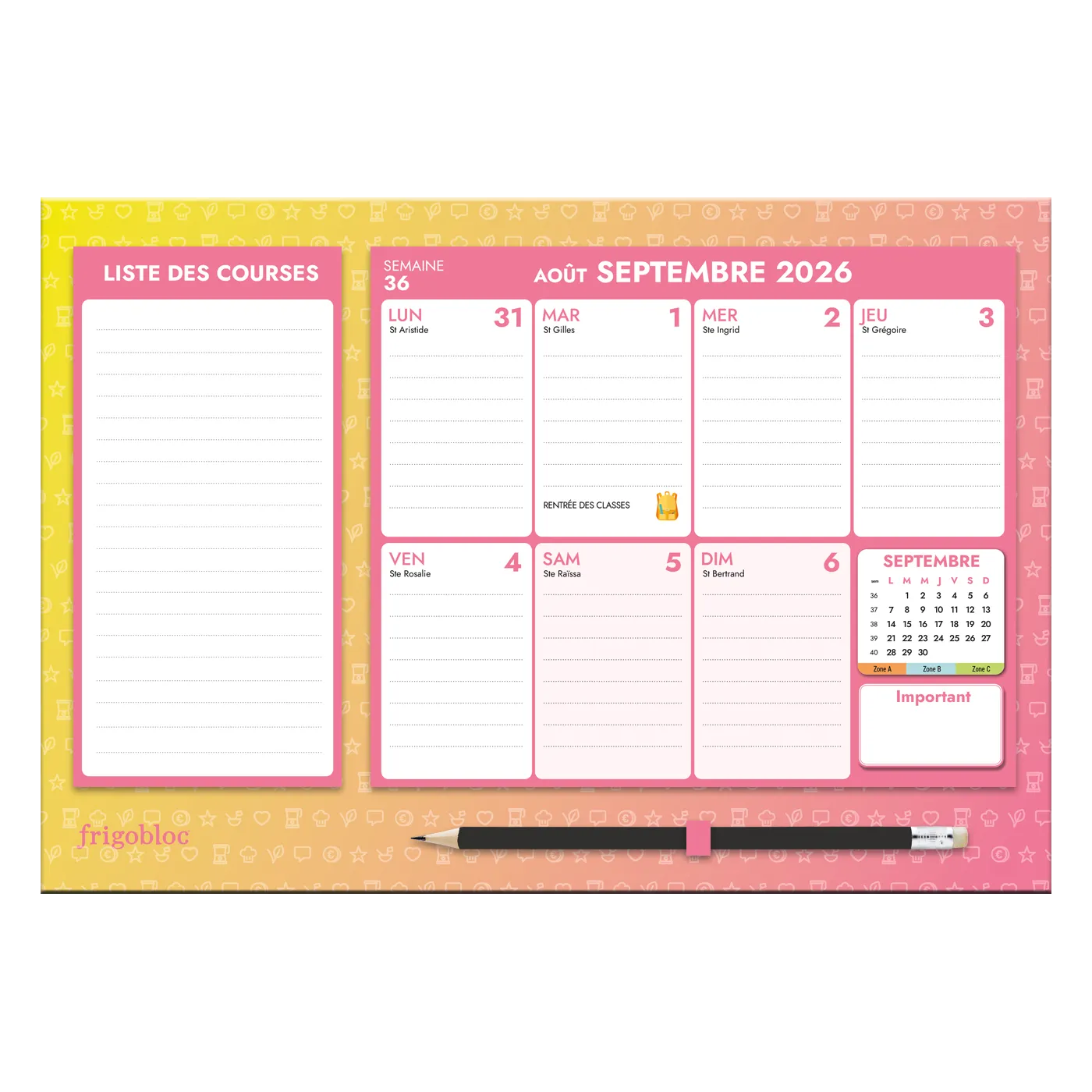 Frigobloc Hebdomadaire Cuisine AZ 2027 calendrier familial