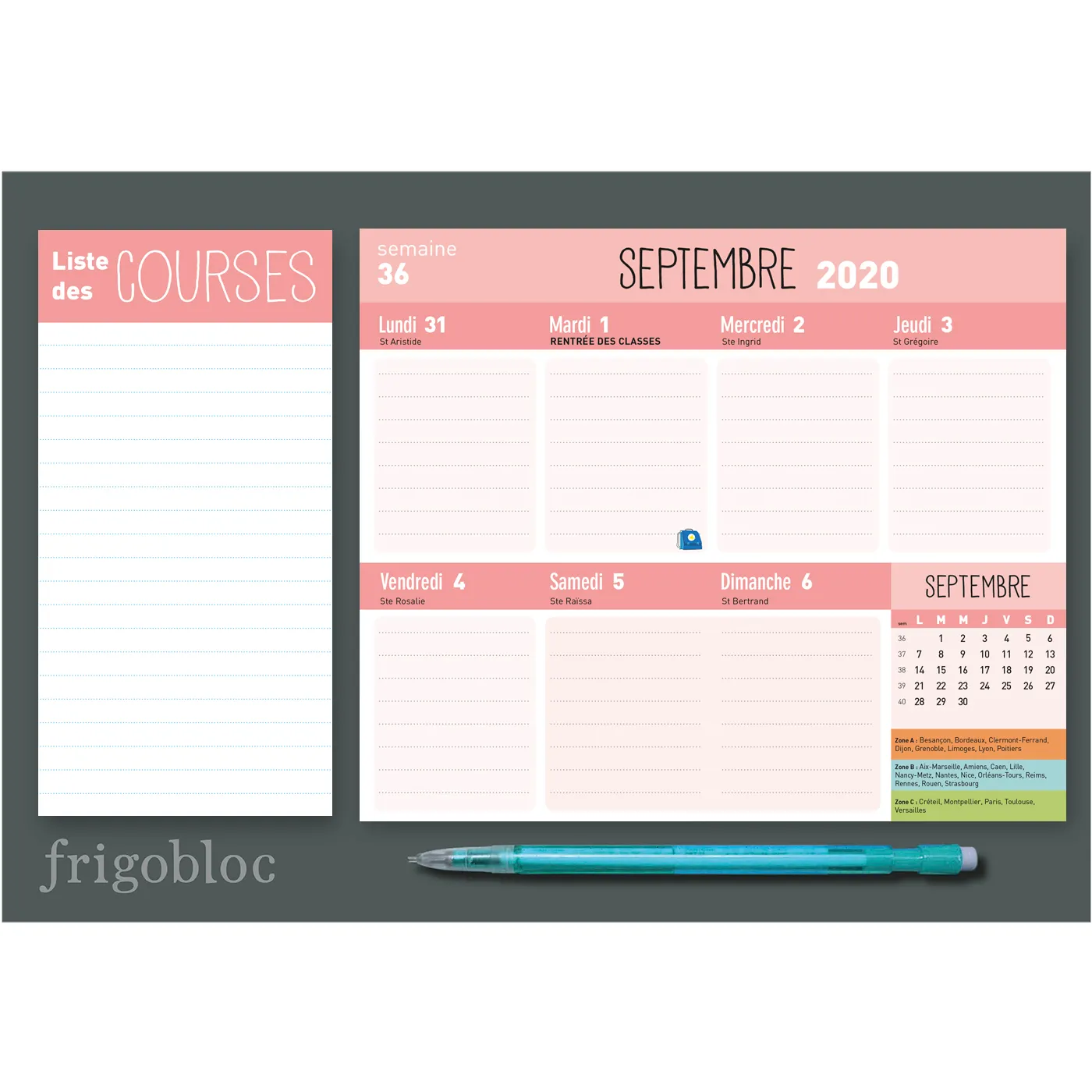 Frigobloc Mini hebdomadaire calendrier famille sept 2020-août 2021