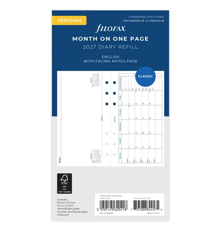 Filofax Classic recharge mensuelle 2027 Personal notes